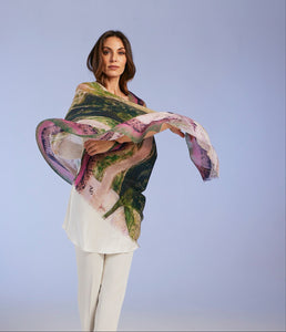 Woman enrobbed in a colorful ginko ribes scarf